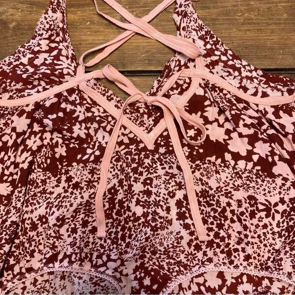 Free People Intimately Red Be Kind Bodysuit Size Medium Pink Floral Ties NWOT